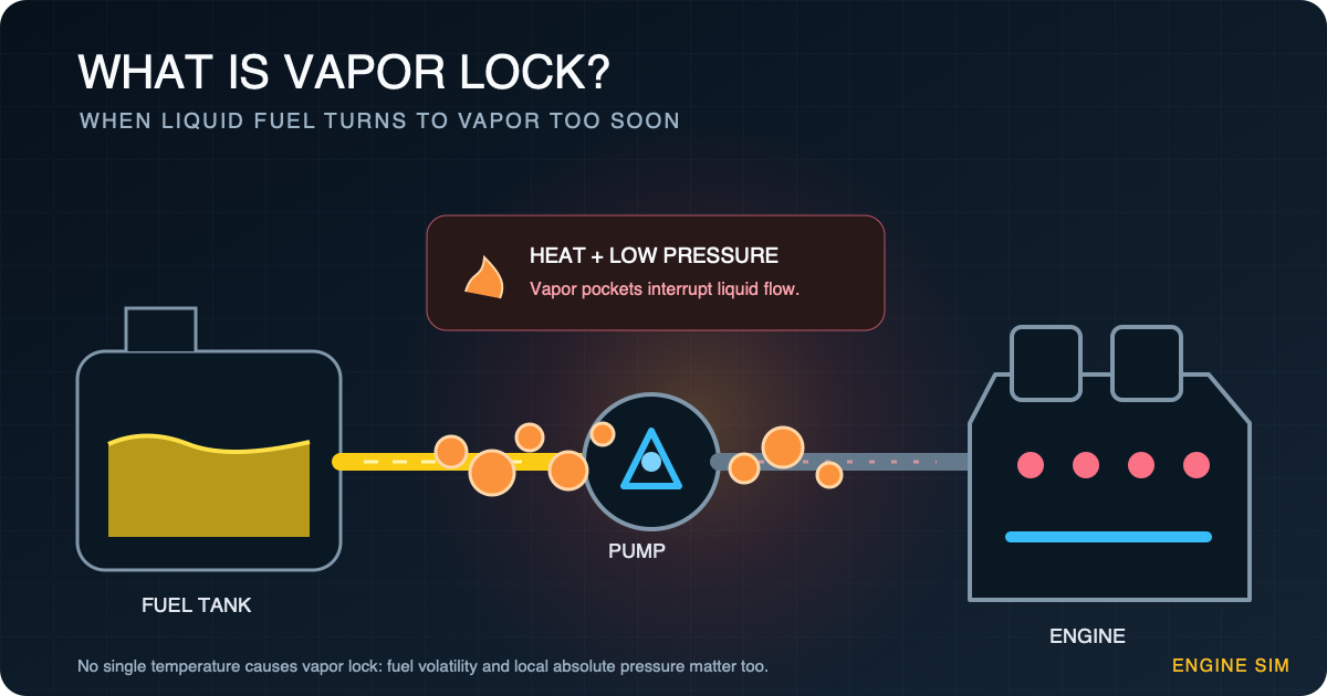 Fuel-system diagram showing one common vapor-lock mechanism: gasoline forming bubbles in a heated, low-pressure line near the pump inlet